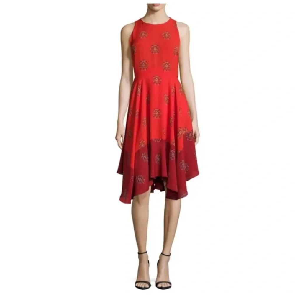 A.L.C Dress Silk Fit Flare Red Knee Length Ribbed Asymmetric Ruffle Size 4